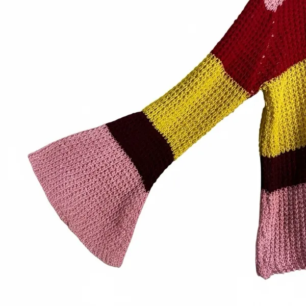 Cloudwalk Bell Sleeve Striped Knit Sweater Pink Red Yellow Boho Slouchy Size M - Image 3