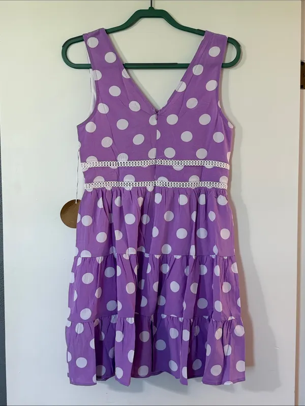 V-Neck Purple Polka Dot Tiered Casual Dress - Image 7