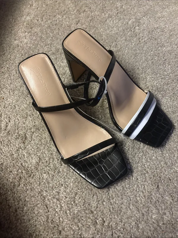 The Drop Black Croc-Embossed Strappy Heels with White Accent - Image 2