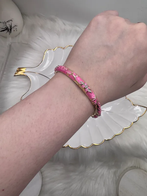 Pink Enamel Gold-Tone Floral Cloisonne Bangle Bracelet - Image 4
