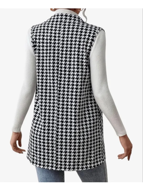 NEW Houndstooth Lapel Button Front Blazer Sleeveless Long Vest M Black Size M - Image 2