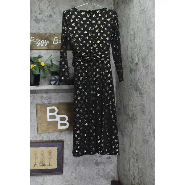 NWT Tommy Hilfiger Long Sleeve Ruched Waist Fit Flare Dress Black / Gold 8 - Image 6