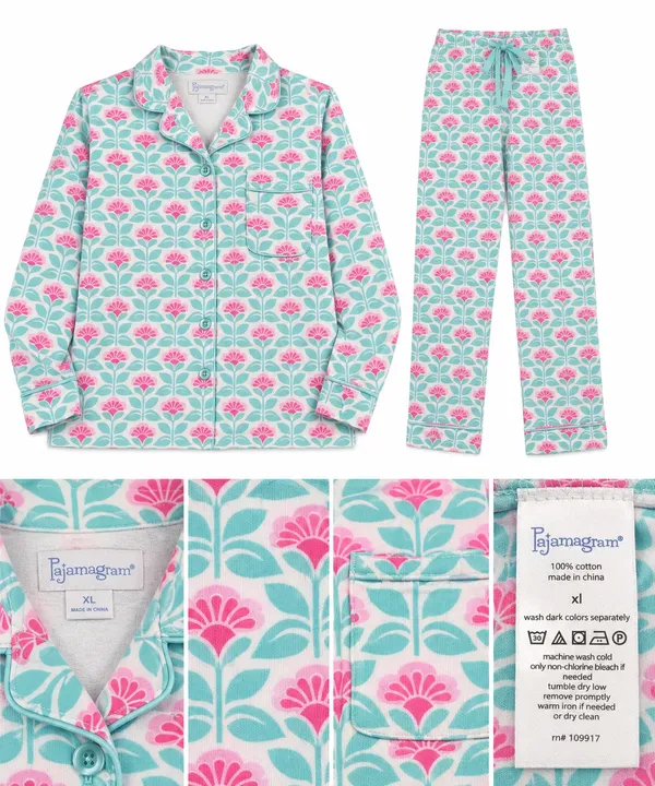 PajamaGram Floral Cotton Pajama Set Aqua Pink Women’s XL - Image 2
