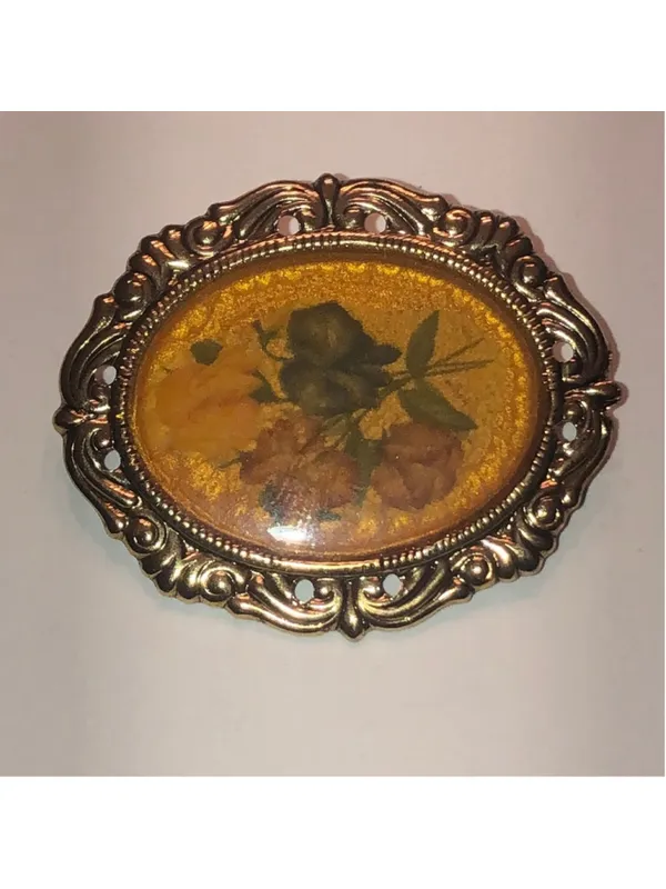 Vintage Gold Tone Floral Oval Boho Brooch Shoulder Pin - Image 2