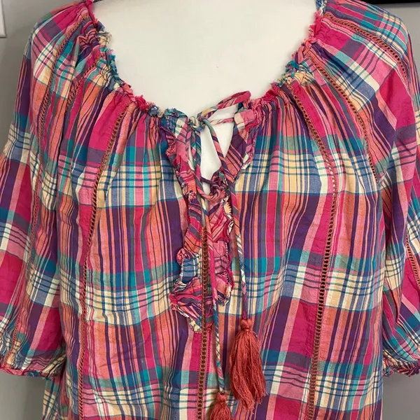 Sundance Tender Plaid tie neck ruffle blouse size large pink blue boho feminine - Image 2
