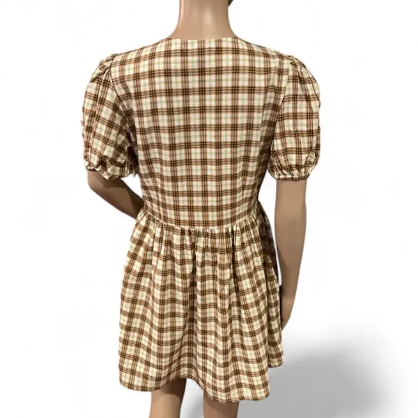 Motel Plaid Puff Sleeve Tie-Front Dress Size S Brown & Green Check Cottagecore - Image 9