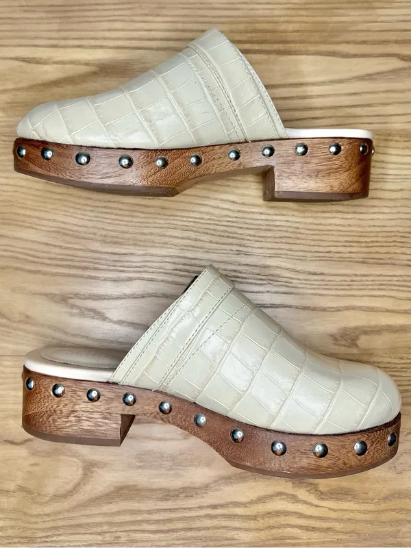 Schutz Smooshy Croc Embossed Clog Mules Wooden Heel Studded Buckle - Image 5