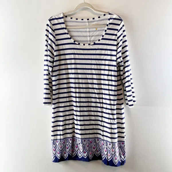 Lilly Pulitzer Beacon 3/4 Sleeve Cotton Striped Mini Tee Shirt Dress Blue XL - Image 2