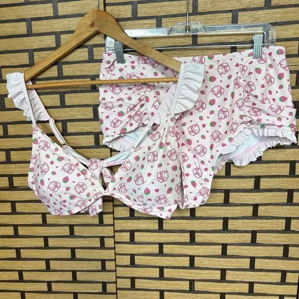 Hot topic Pink Strawberry Milk‎ Ruffle Two Piece Bikini Swimsuit Size XL - Image 2
