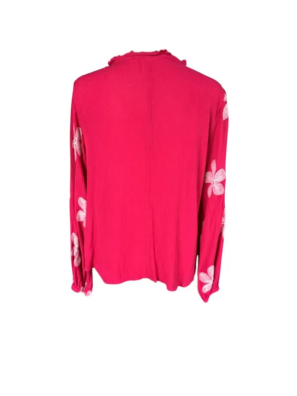 Maurices pink floral embroidered long sleeve keyhole ruffled neckline top M - Image 4