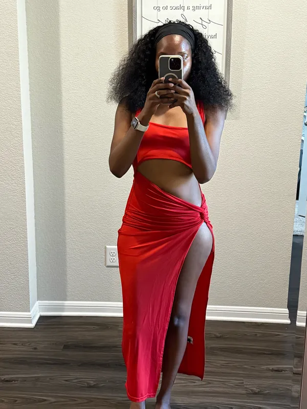 FashioNova Bodycon Red Maxi Dress with Split - Image 3