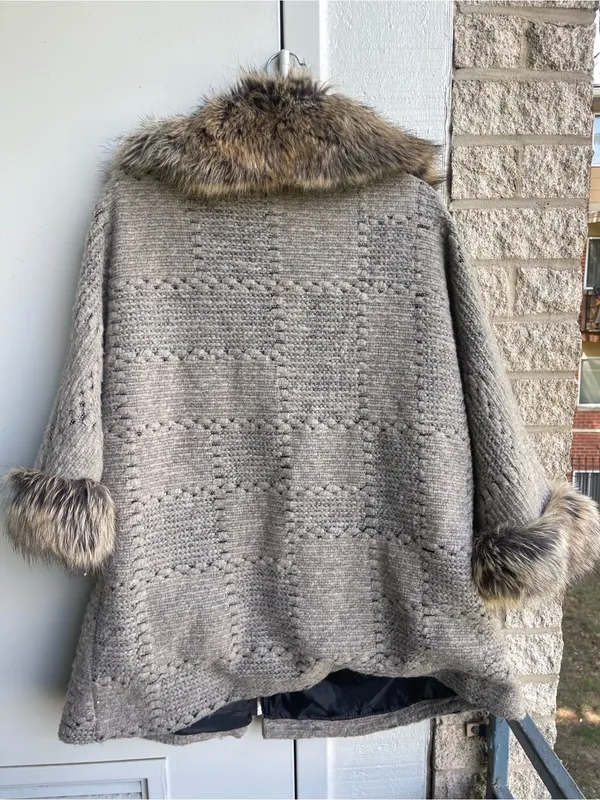Taupe Knit Zip-Front merino wool Women's Sweater Cape with Faux Fur Trim - Image 4