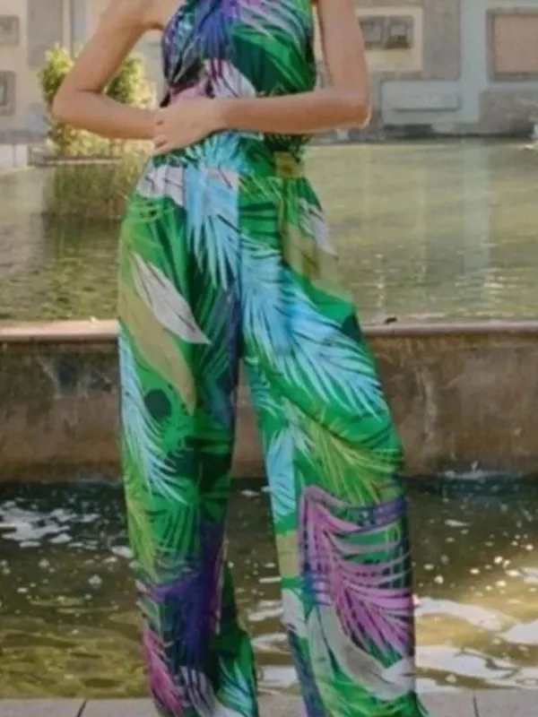 ZARA NWOT Tropical Leaf-print Halter Wide-leg Jumpsuit Green XS - Image 5