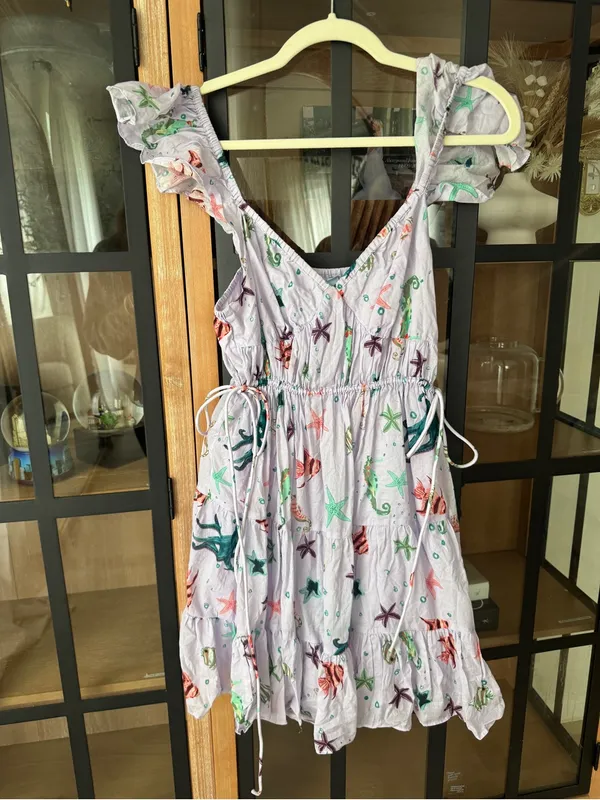 Hill House Lucia mini dress sea creatures lilac lavender coastal print ruffles - Image 10
