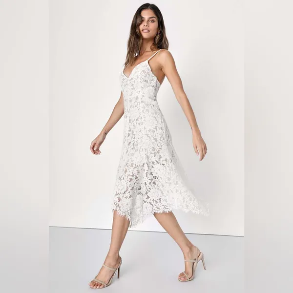 Lulus | One Wish White Lace Midi Dress, Size M - Image 2