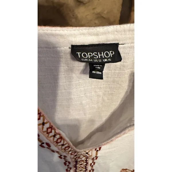 Topshop Ivory Embroidered Boho Peasant Blouse Babydoll Fringe Top US 12 - Image 6