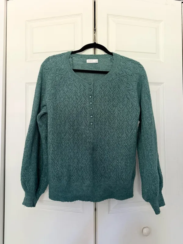 Women's LC Lauren Conrad Pointelle Henley Knitted Sweater Emerald Green Large - Image 3