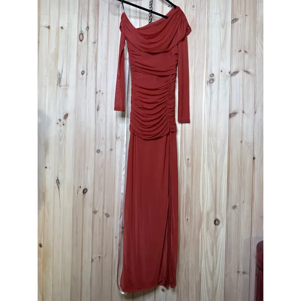 NWT Lulus Darla Rust Red Mesh One-Shoulder Long Sleeve Maxi Dress Bridesmaid S - Image 2