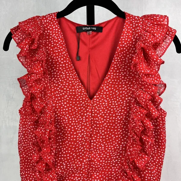 Sugar+Lips Top Womens Small Red Polka Dot Ruffle Crop Zip Up Tie Waist Blouse - Image 3