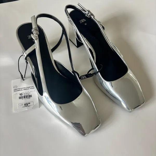 Zara silver metallic block heel slingback pumps - Image 3
