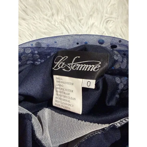 La Femme One Shoulder Sheer Rhinestone Formal Maxi Dress in Navy Blue Size 0 - Image 8