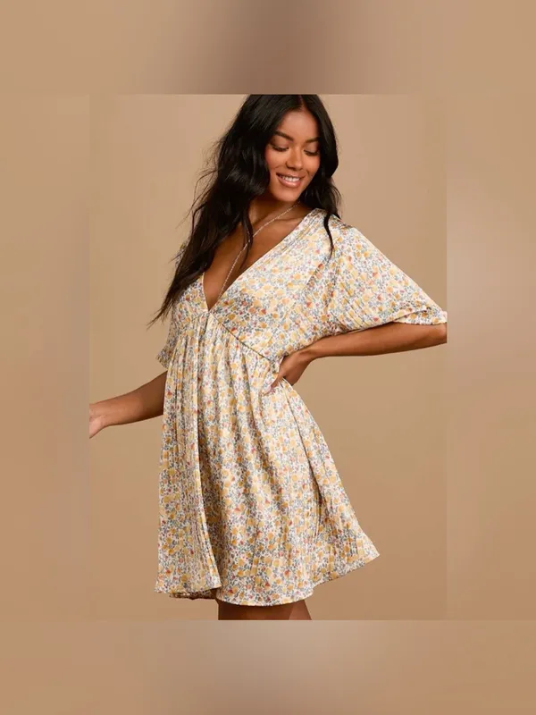 Lulus Express Yourself Yellow Floral Print Satin Babydoll Mini Dress Size XL NWT - Image 3