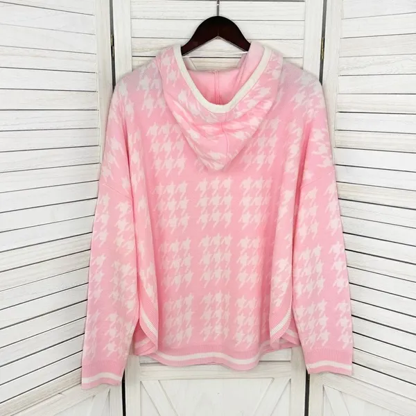 Crown & Ivy Houndstooth‎ Hooded Long Sleeve Poncho Sweater Pink White Large - Image 8