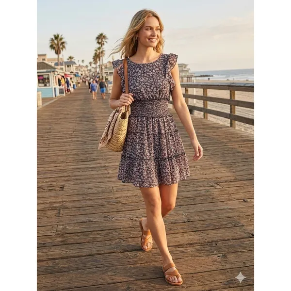 Altard State Navy Pink Floral Smocked Tiered Ruffle Mini Dress Size‎ Large - Image 3