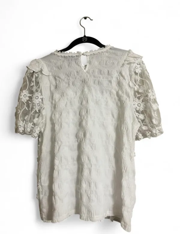 Alice Blue Top XL White Floral Lace Ruffle Blouse Sheer Sleeves Stretchy - Image 2