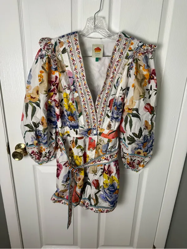 Farm Rio Greek Garden Long Sleeve Plunge Neck Cotton Romper S - Image 2
