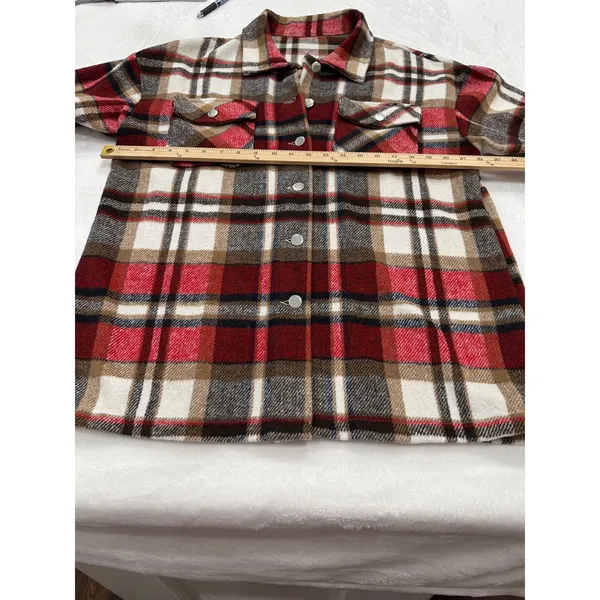 Womens Plaid Shacket Jacket Red Brown White Flannel Style Button Front Size L Size L - Image 3
