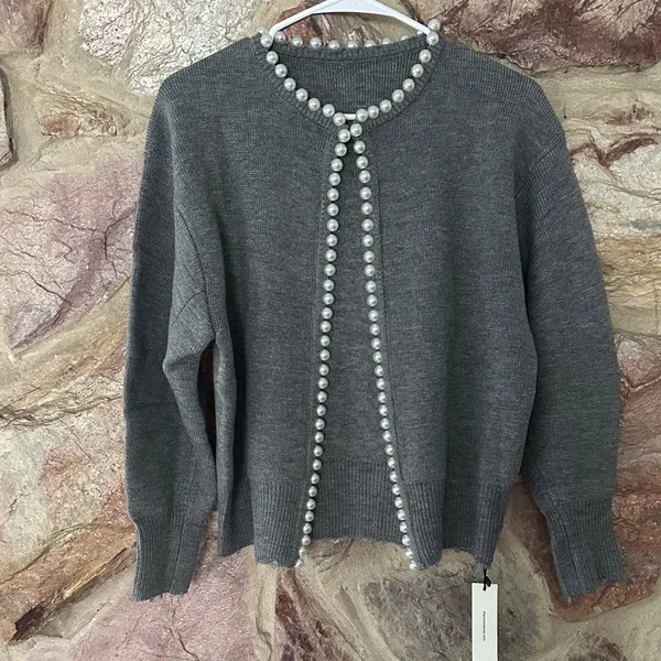 Commense Pearl Trim Ripped Hem Cardigan size small - Image 2