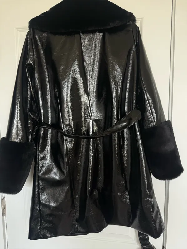 RARE H&M Black vinyl faux fur trim coat - Image 5