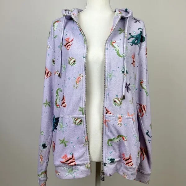Hill House Allie Zip Up Hoodie Sweatshirt Sea Creatures Terry Purple Small NWT - Image 8