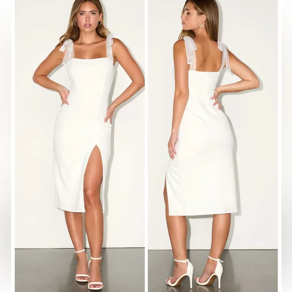 Lulus Romantic Celebration White Tie-Strap Bodycon Midi Dress Size Small Bridal - Image 2