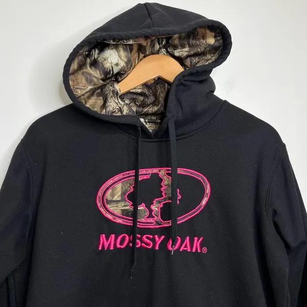 Mossy Oak Black Hoodie Camo lined hood Pink embroidered logo women’s size XL - Image 2