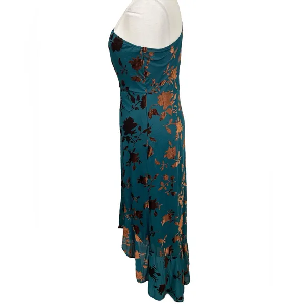 Wedding Guest Green Velvet Floral One Shoulder Knot Waist Leg Split Maxi Dress - Image 4
