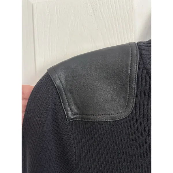 Y2K Lauren Jeans Co Black Rib Knit Crewneck Leather Patch Long Sleeve M Moto - Image 4