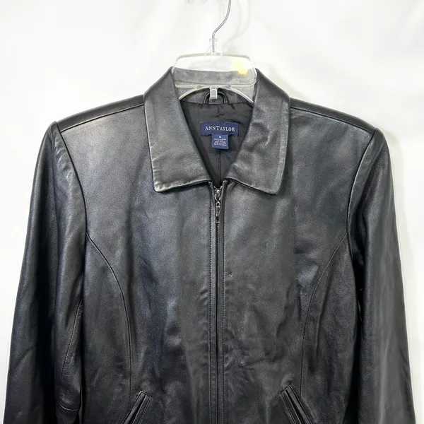 VTG‎ Ann Taylor Small Leather Jacket Black Full Zip Moto Y2K Edgy Genuine 910 - Image 4