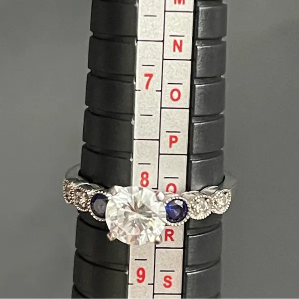 925 Sterling Silver White and Blue Gemstone Ring Size 7.5 Engagement Anniversary - Image 9