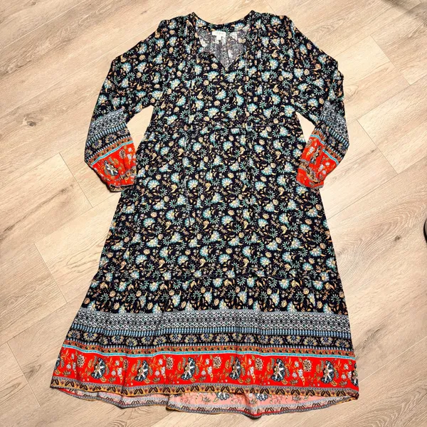 Umgee Floral Maxi Dress Boho V Neck‎ Long Sleeve Print Women Size Small - Image 2