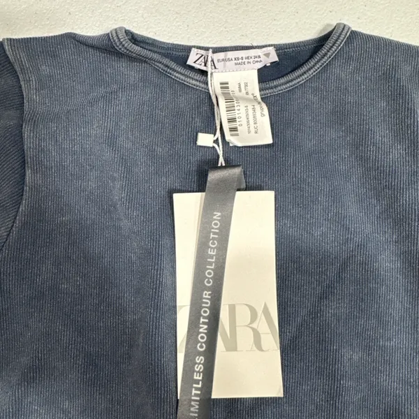 Zara Crop Top Crew Neck Pullover Stretch Long Sleeve Faded Blue Size XS Stylish - Image 3