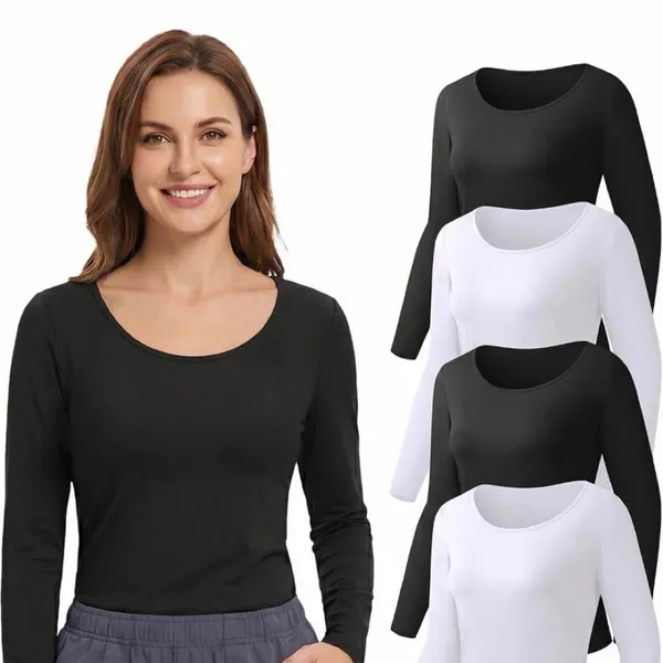 4 Pack Womens Long Sleeve Underscrub Base Layer Tops Scoop Neck Black White NEW - Image 2