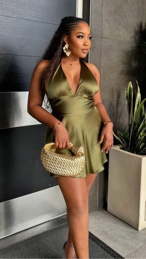 Zara dress halter open back tie bow Elegant Olive Green Satin wedding party - Image 7