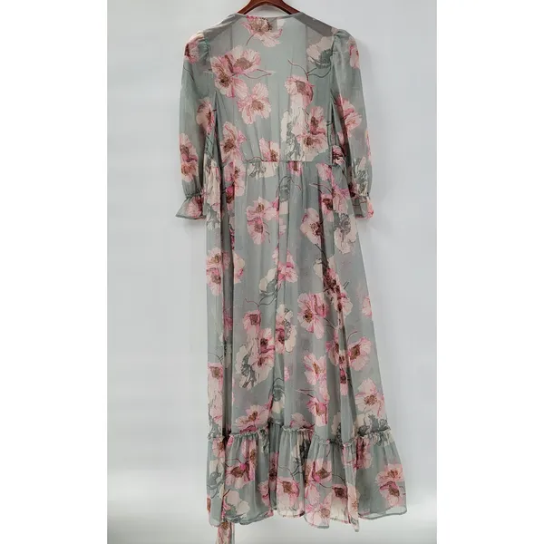 Express Wrap Dress Womens S/M Green Floral Watercolor Sheer Tiered Long Maxi - Image 3