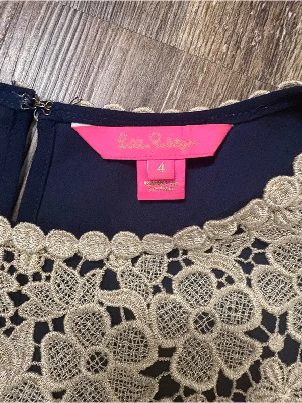 Lilly Pulitzer Navy Nala Shift Dress 4 Gold Crochet Lace Neckpiece Preppy Summer - Image 12