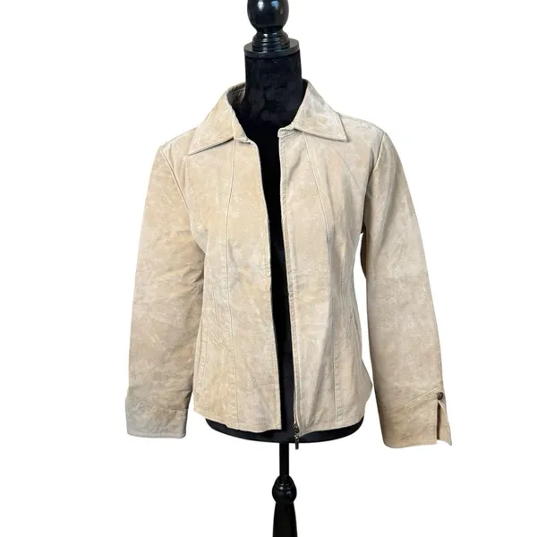 AMI Womens Genuine Suede Leather Jacket Large Tan Full Zip Pockets Lined Neutral - Image 2
