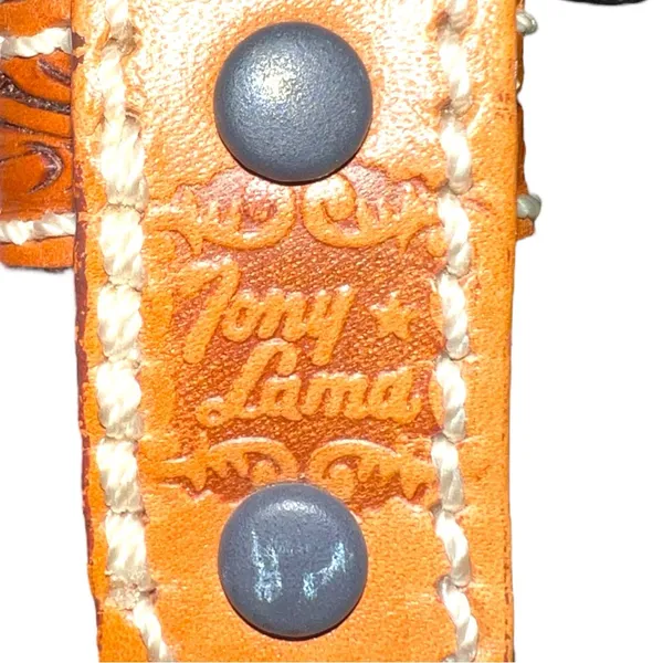 Tony Lama tan leather tooled belt with silver etched design buckle! New!!! - Image 6