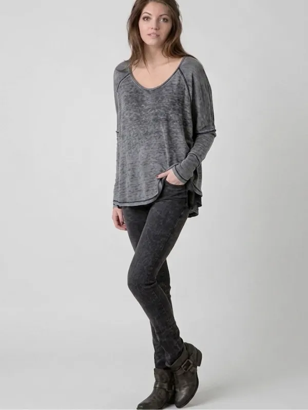 WE THE FREE Macchiato Top Grey Burnout Long Sleeve High Low Hem Oversize Size XS - Image 3