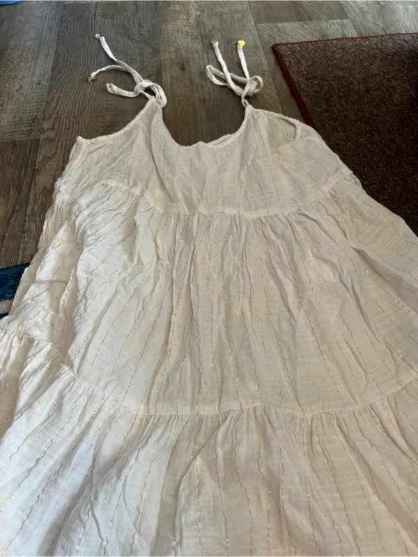 Aerie Magic Hour White Gold Striped Tie-Shoulder Cotton Swim Coverup Dress sz M - Image 12